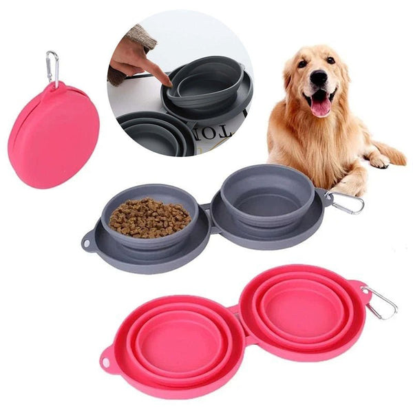 Foldable Double Pet Bowl | Portable Rubber Feeding Bowl for Cats & Dogs - Solosh