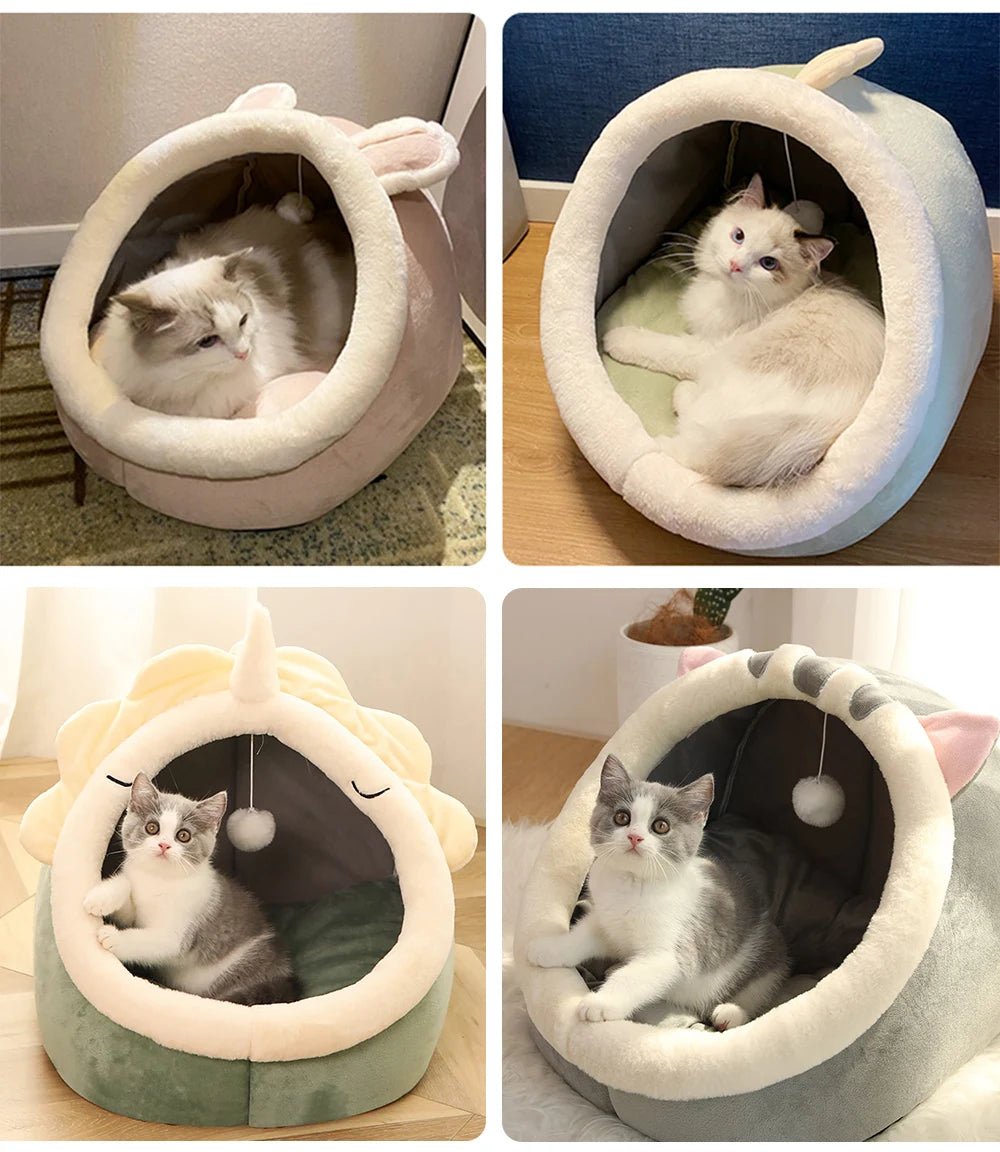 Cozy Cartoon Cat Bed Foldable Pet Cave - Solosh
